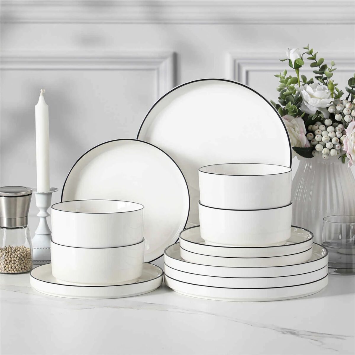 MALACASA 12PC PORCELAIN WHITE WITH BLACK RIM DINNERWARE SET