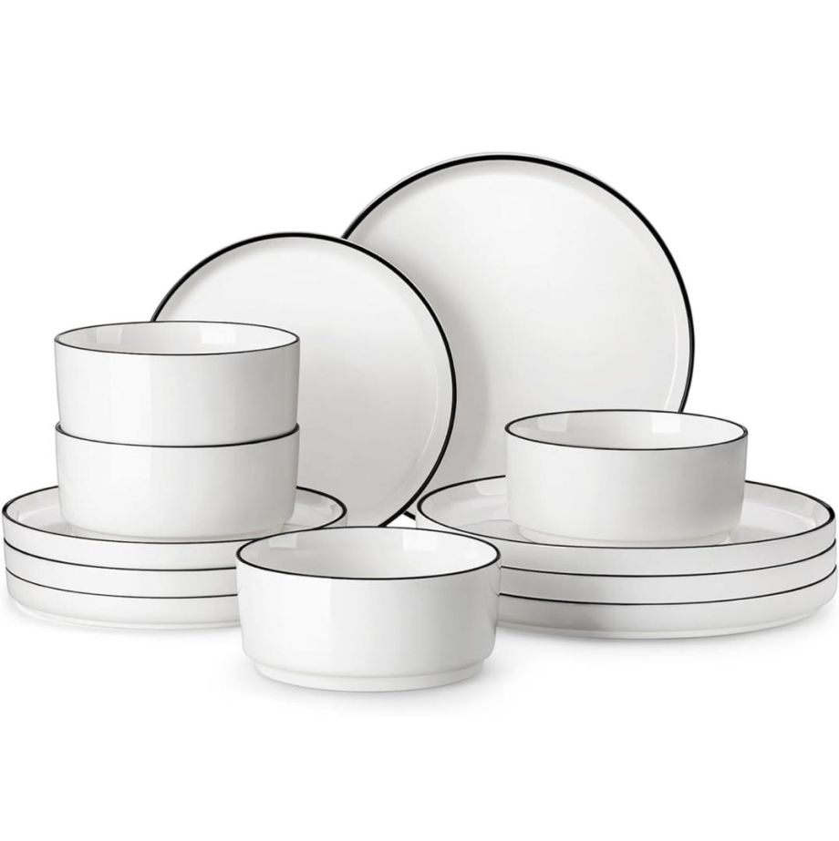 MALACASA 12PC PORCELAIN WHITE WITH BLACK RIM DINNERWARE SET