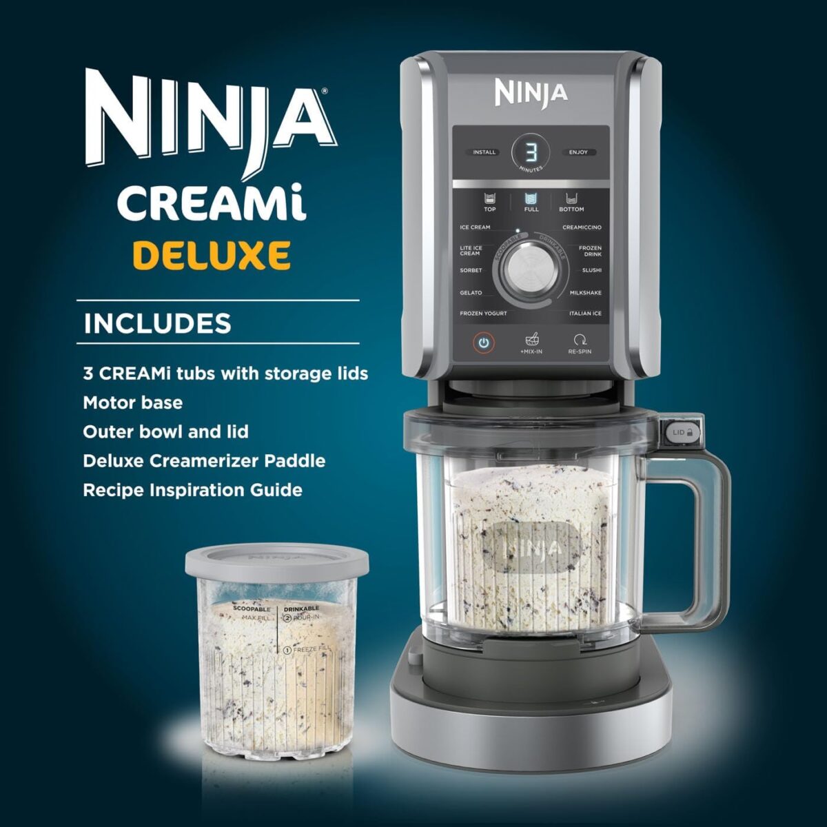 NINJA CREAMI DELUXE ICE CREAM MAKER & FROZEN DESSERT MAKER WITH 3 TUBS NC501UK