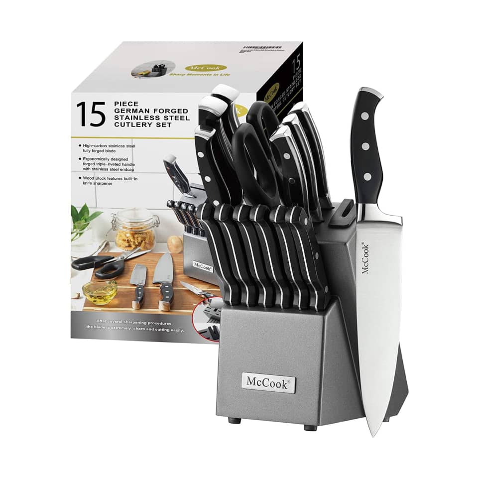 MCCOOK 15PC GERMAN STAINLESS STEEL KITCHEN KNIVES SET WITH BUILT-IN SHARPENER