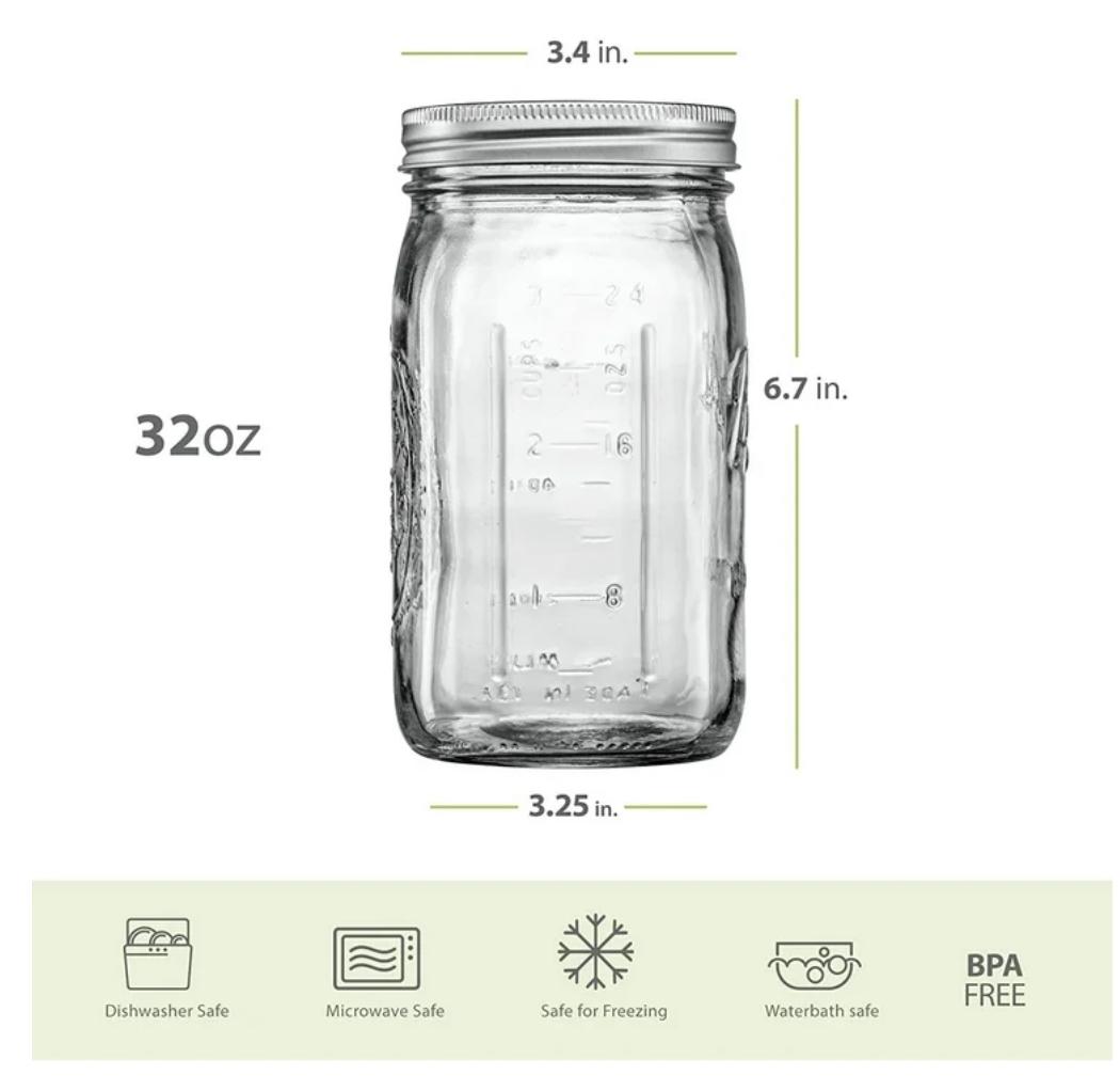 BALL MASON 32OZ WIDE MOUTH JARS WITH LIDS SET OF 12 GLASS 3