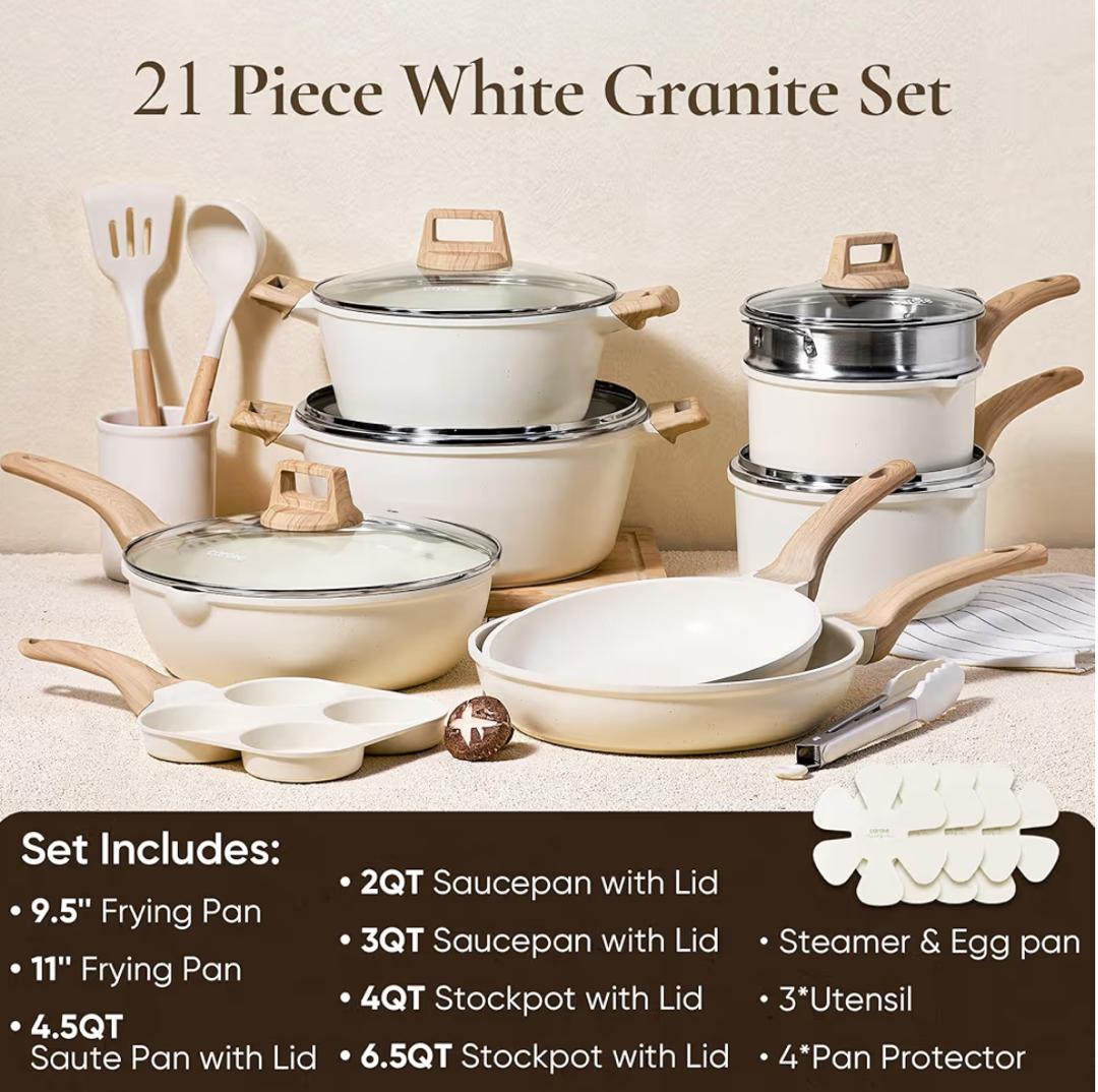 CAROTE 21PCS White Granite Cookware Set
