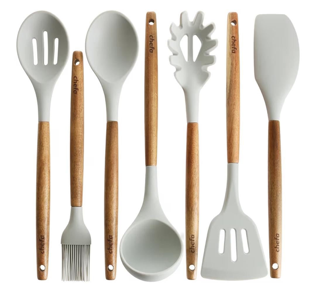CHEFA 7PCS SILICONE COOKING UTENSIL SET WITH WOODEN HANDLE