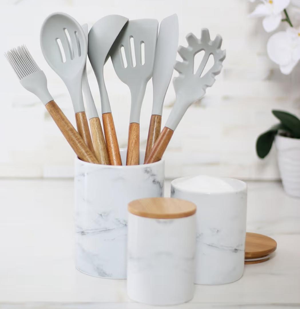 CHEFA 7PCS SILICONE COOKING UTENSIL SET WITH WOODEN HANDLE