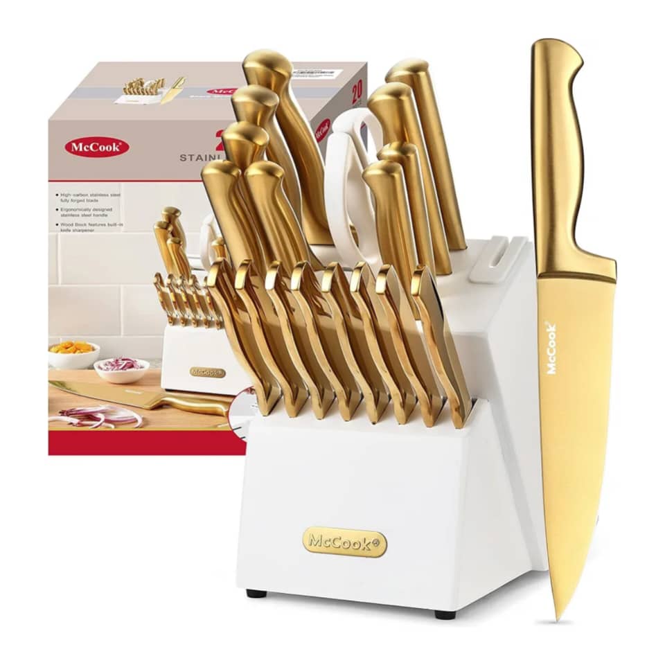 MCCOOK 15PC GOLD TITANIUM STAINLESS STEEL KNIFE WITH BUILT-IN-SHARPENER