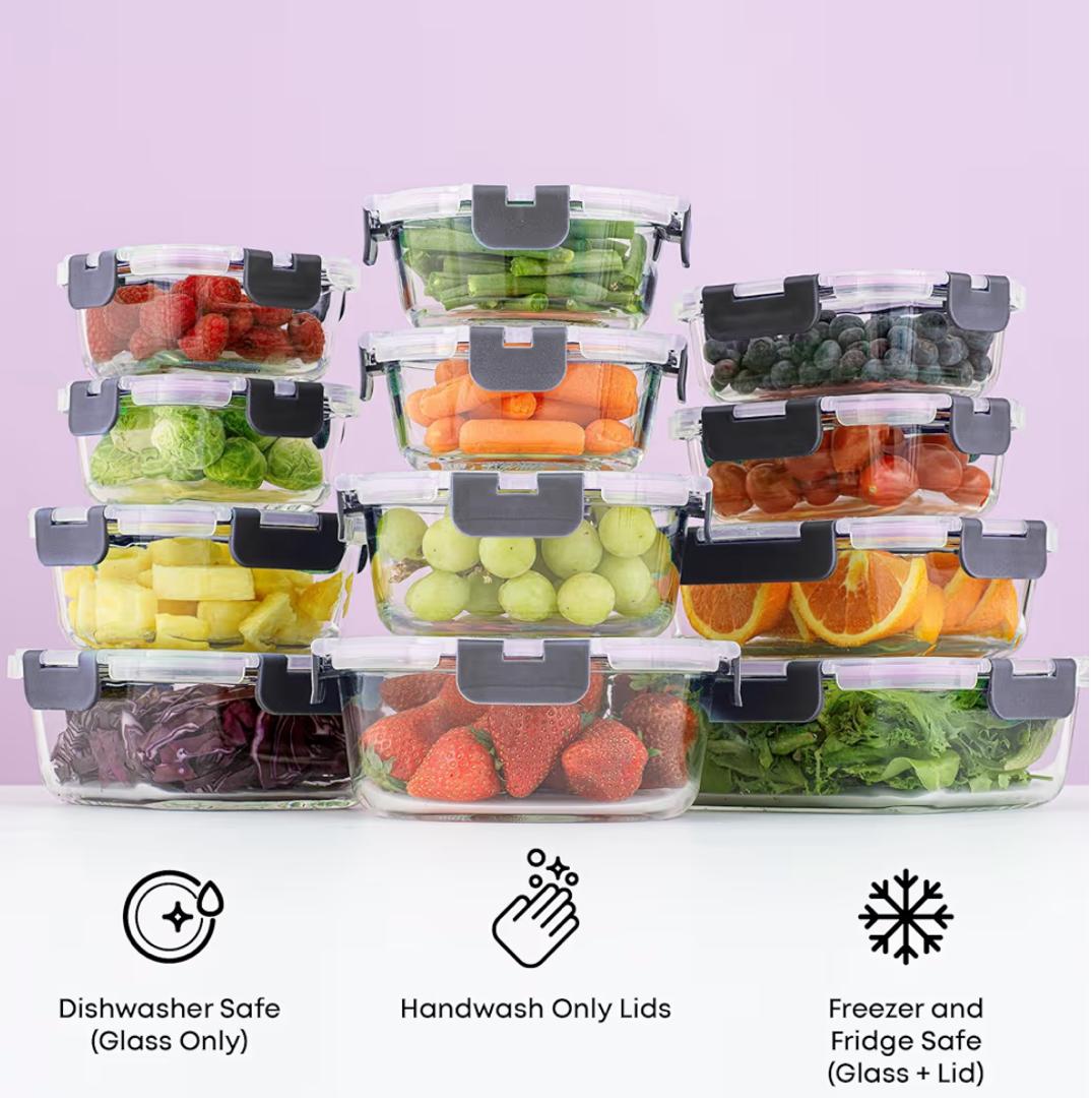 JoyJolt 24 Piece Glass Food Storage Container Set with Leakproof Lid