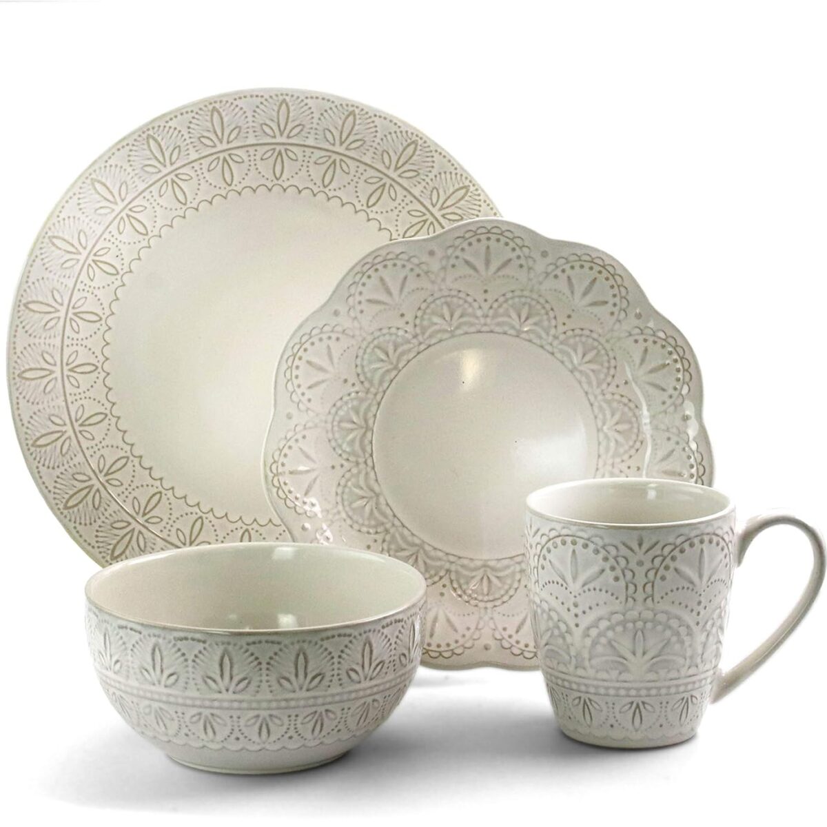 ELAMA WHITE LACE ELEGANT ROUND EMBOSSED HIGH CLASS 16PC DINNER SET