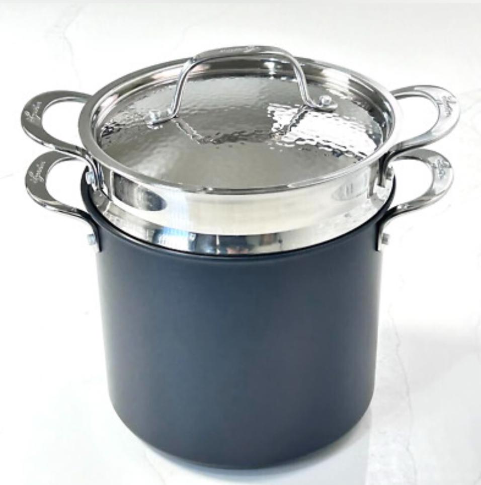 Lagostina Nera 3‑Piece Hard Anodized 8 Qt Stockpot with Steamer