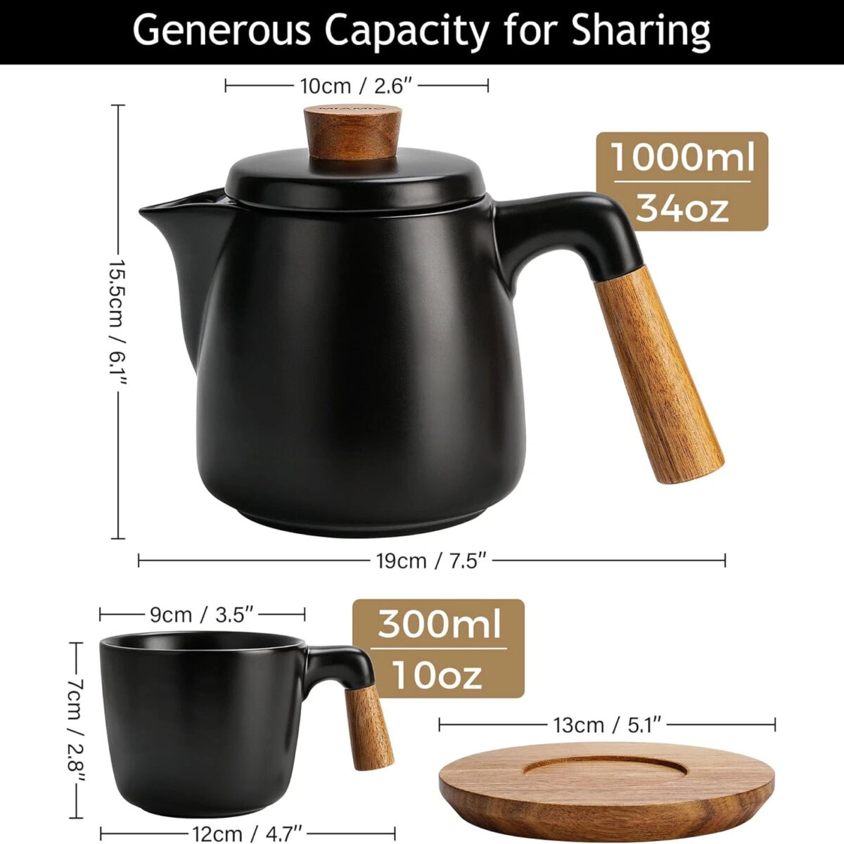 MIAMIO 34 oz Ceramic Tea Pot Set with Infuser and 4 Cups