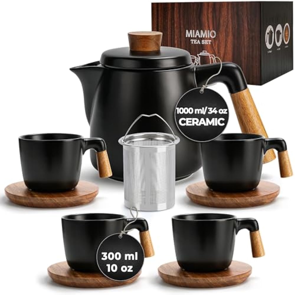 MIAMIO 34 oz Ceramic Tea Pot Set with Infuser and 4 Cups