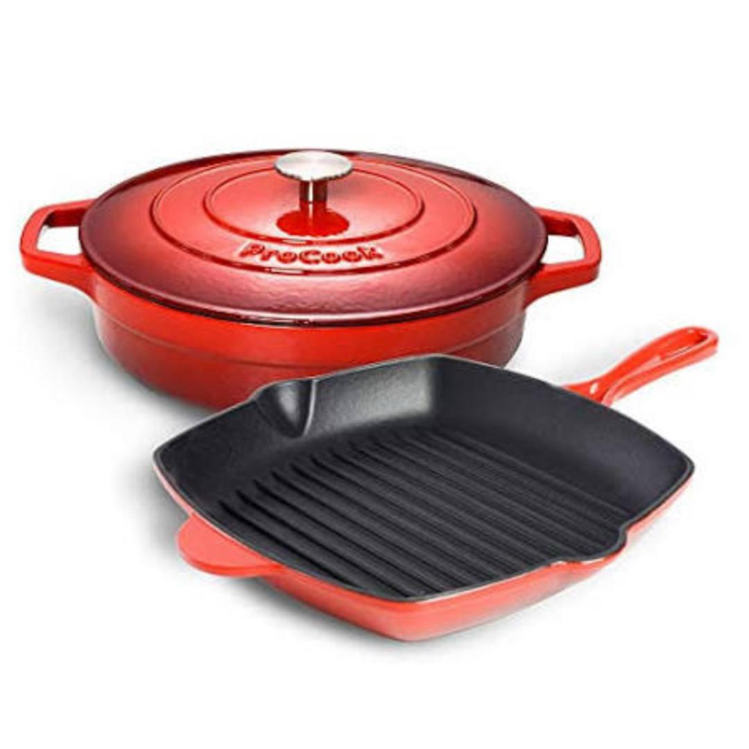 Procook Cast Iron 2pc Casserole & Grill Pan