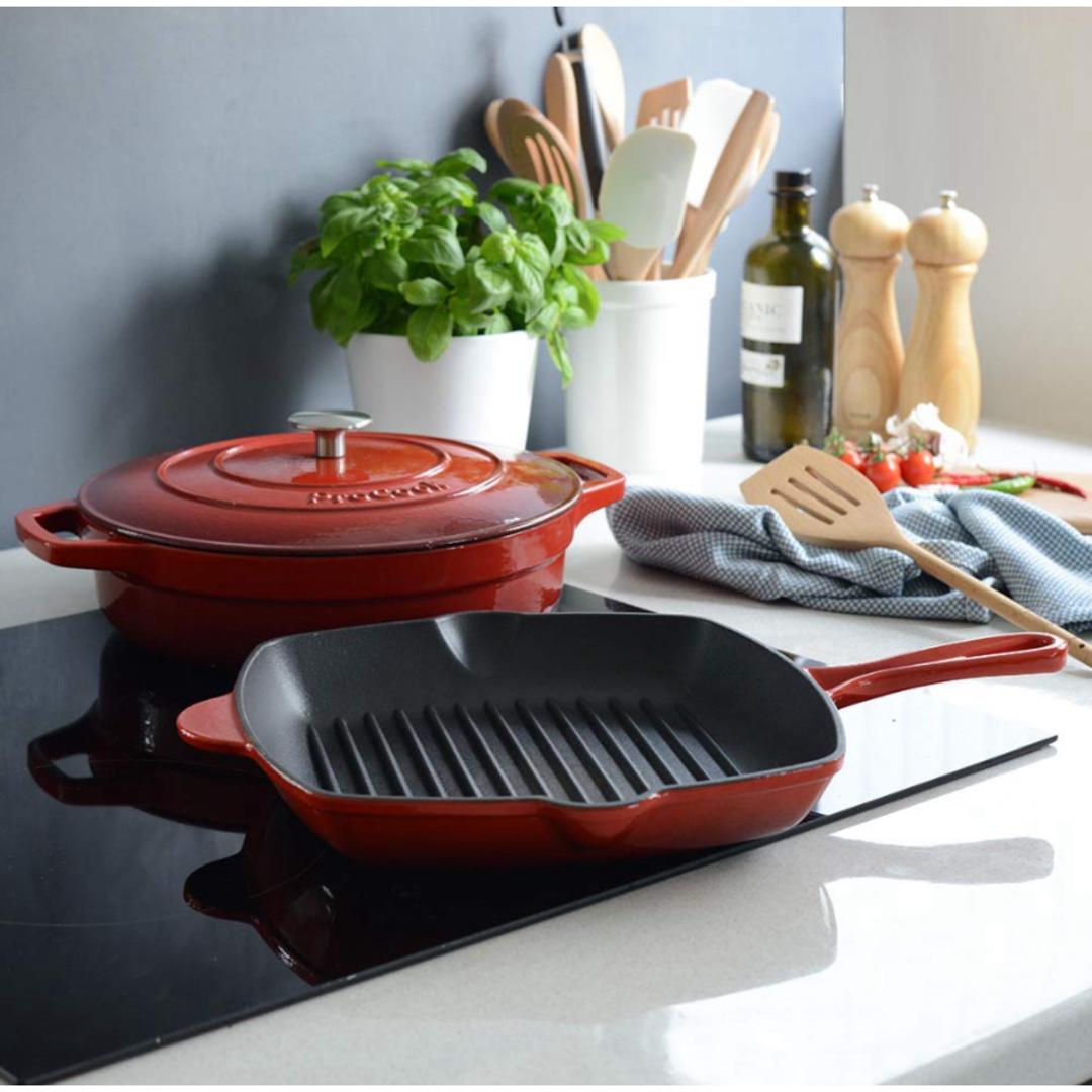 Procook Cast Iron 2pc Casserole & Grill Pan