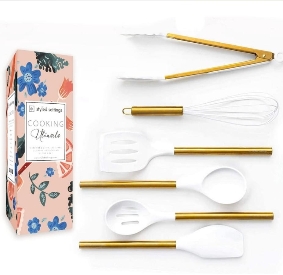Styled Setting 6-Piece White Silicone & Gold Cooking Utensil Set