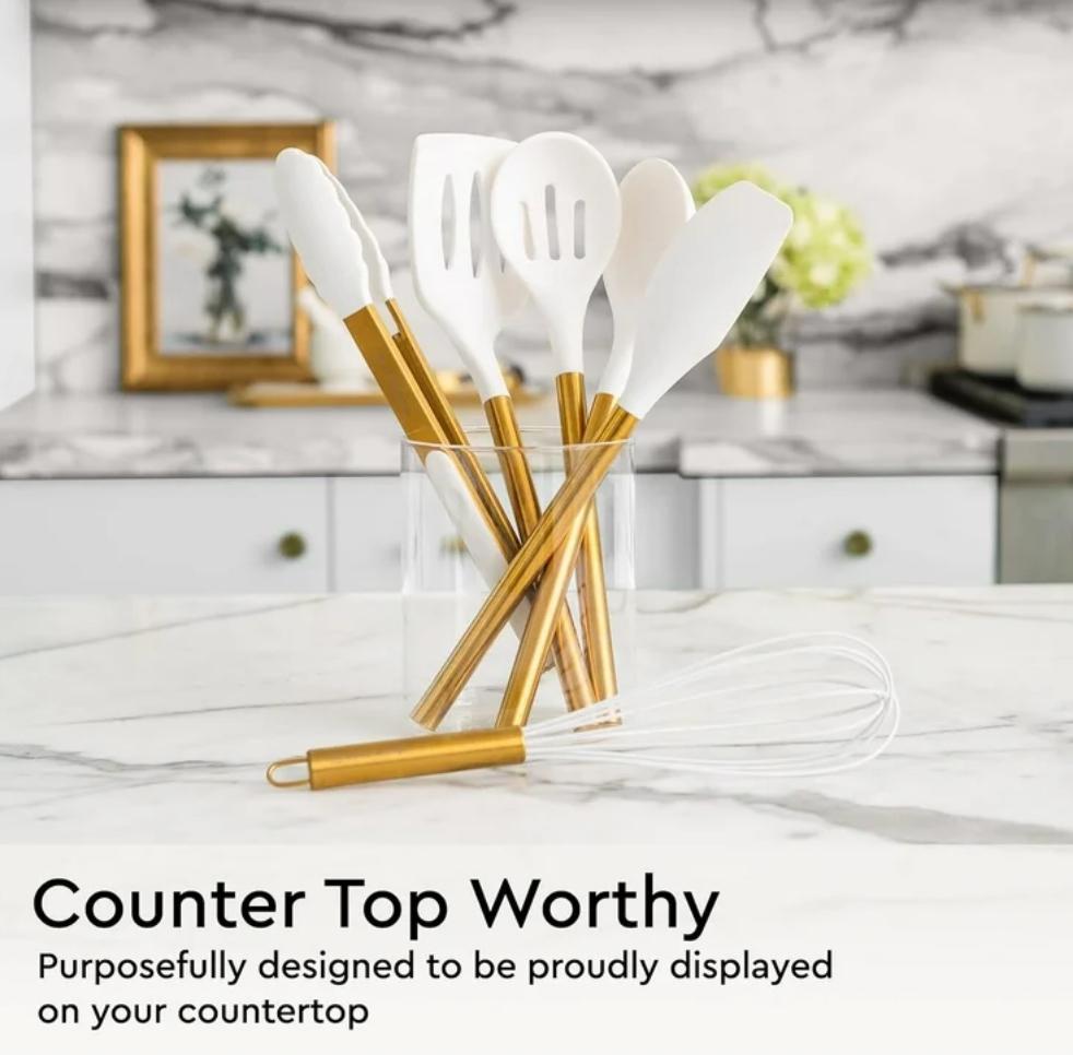Styled Setting 6-Piece White Silicone & Gold Cooking Utensil Set