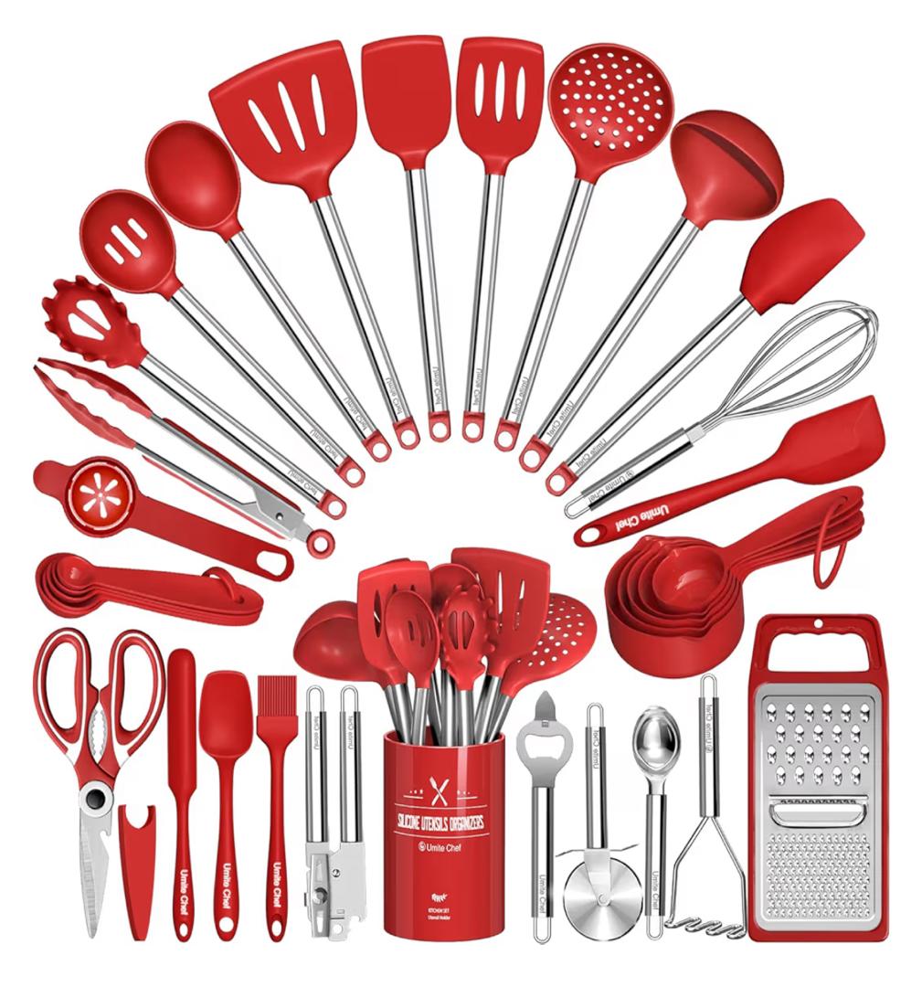 UMITE CHEF 34-Piece Red Silicone Kitchen Utensil Set