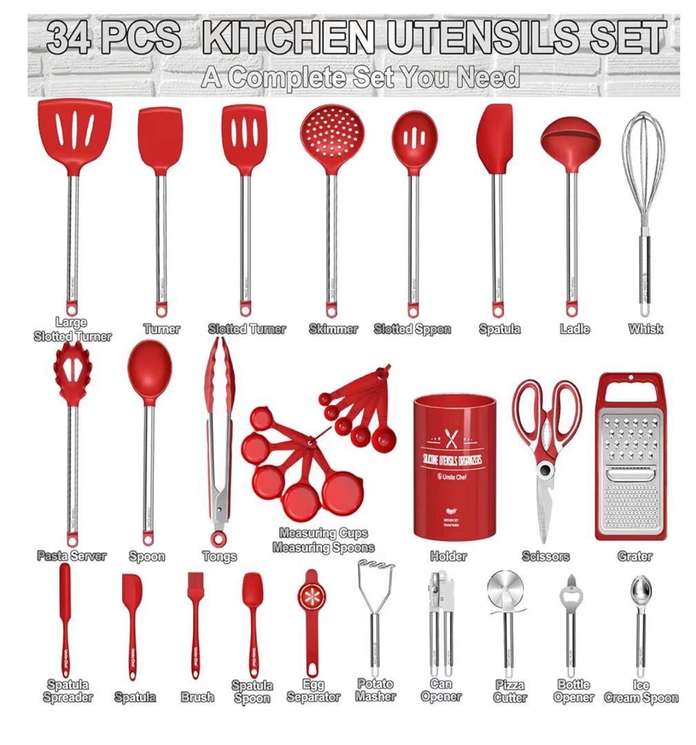 UMITE CHEF 34-Piece Red Silicone Kitchen Utensil Set