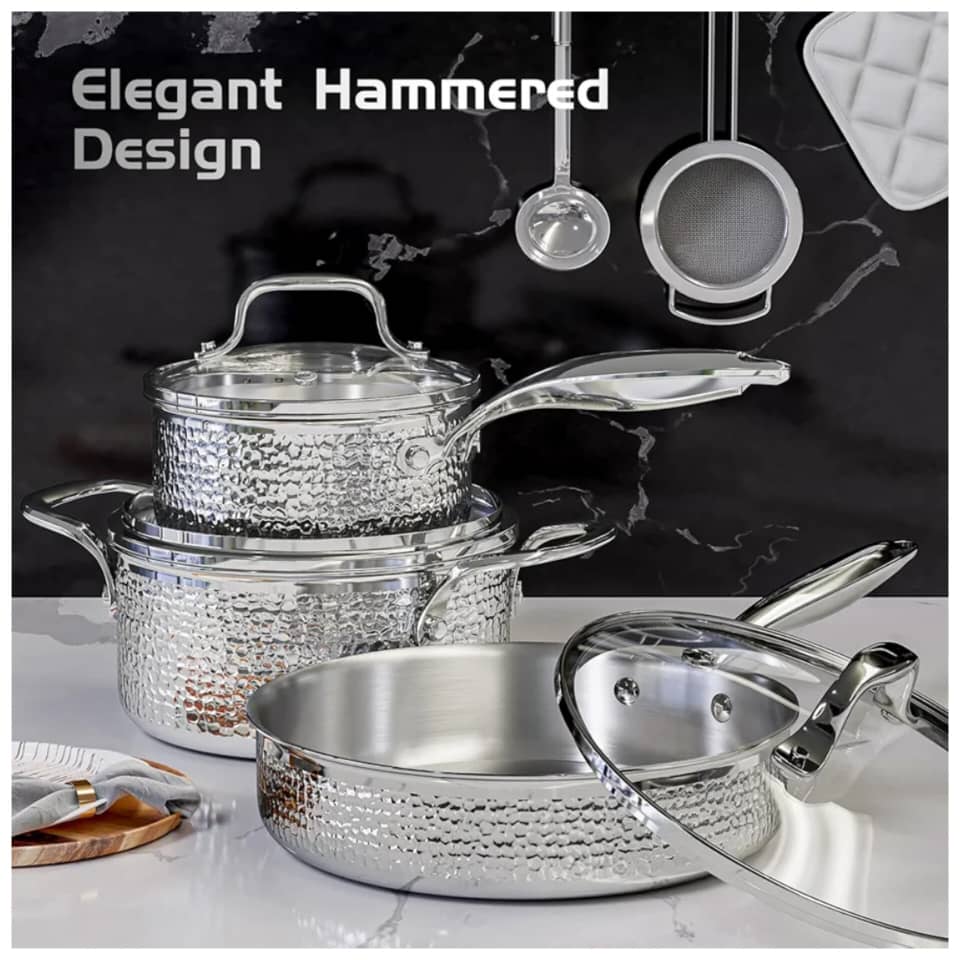 AUFRANC 6PC HAMMERED STAINLESS STEEL COOKWARE SET