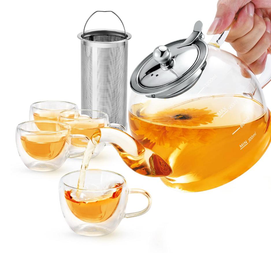 MINO ANT 1200ml Glass Teapot with Removable Stainless Steel Infuser and 4 Glass Teacups