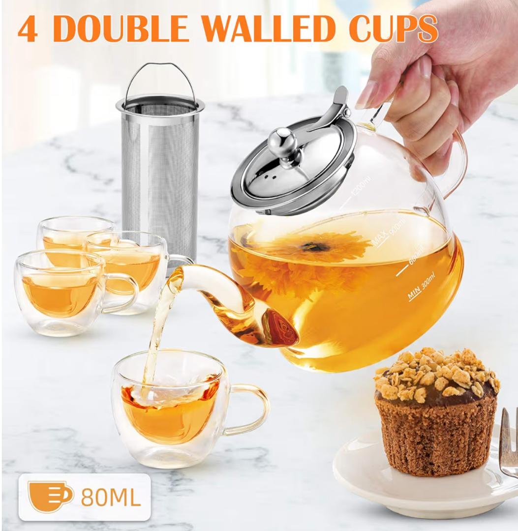 MINO ANT 1200ml Glass Teapot with Removable Stainless Steel Infuser and 4 Glass Teacups