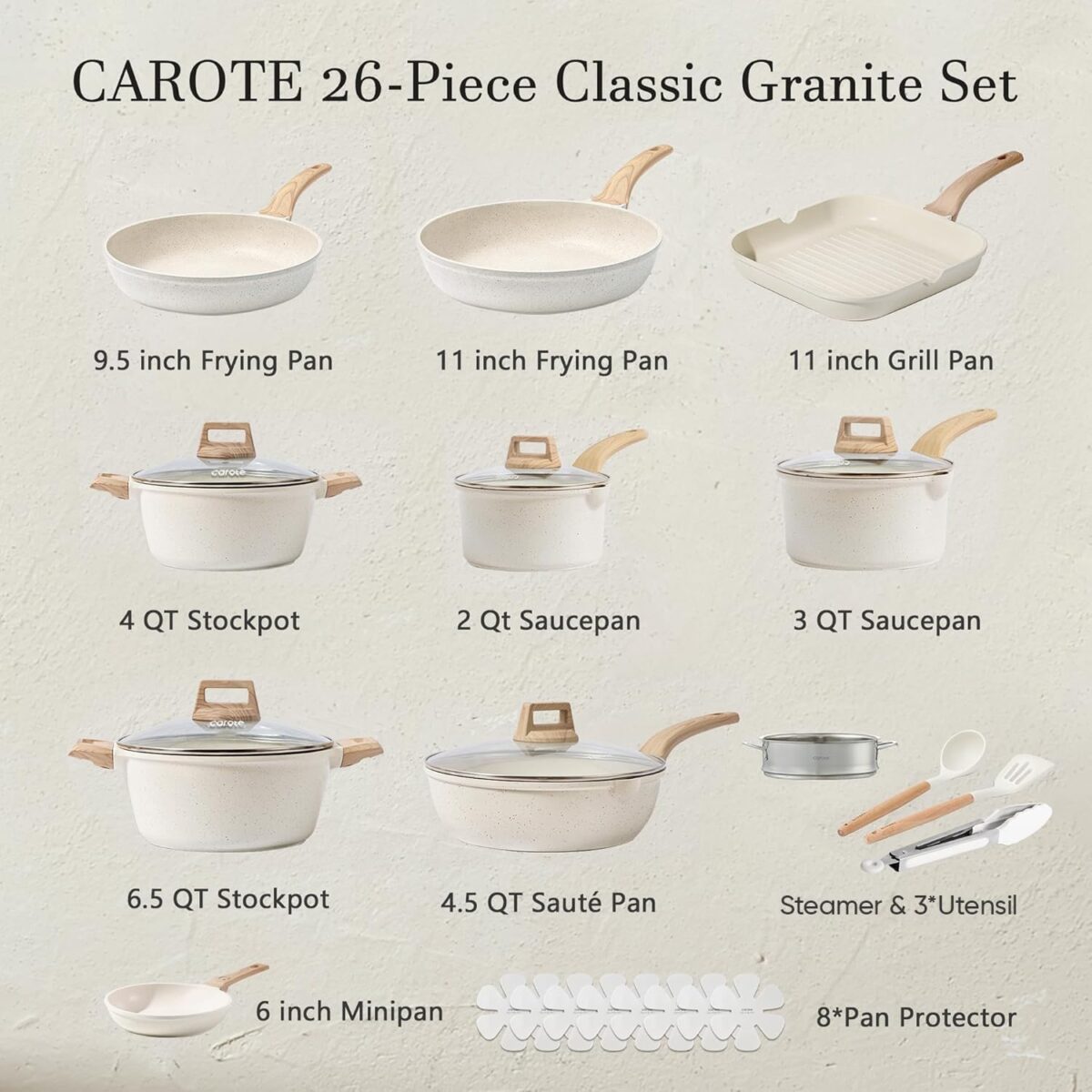 CAROTE 26PCS WHITE GRANITE COOKWARE SET