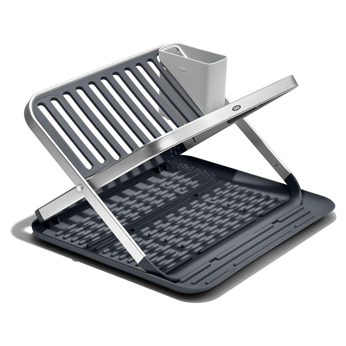 OXO GOOD GRIPS ALUMINIUM FOLD FLAT 2-TIER DISH DRYING RACK WITH DRAIN BOARD