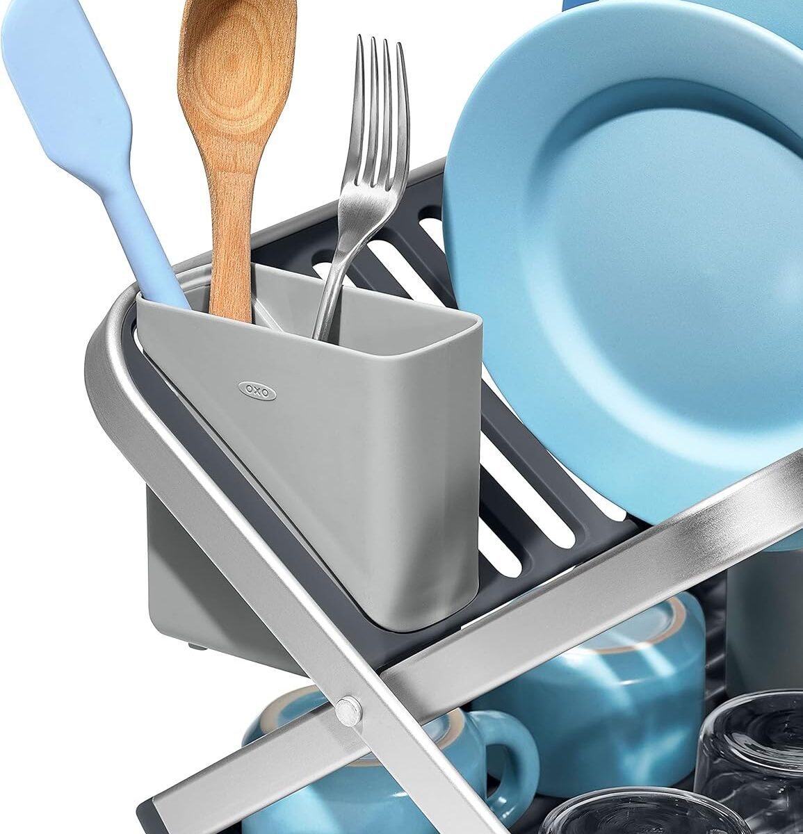 OXO GOOD GRIPS ALUMINIUM FOLD FLAT 2-TIER DISH DRYING RACK WITH DRAIN BOARD